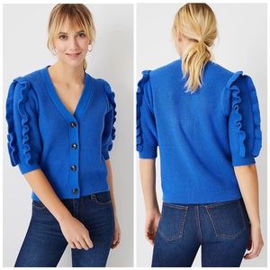 AnnTaylor Ruffle Sleeve Cardigan in Deep Azure